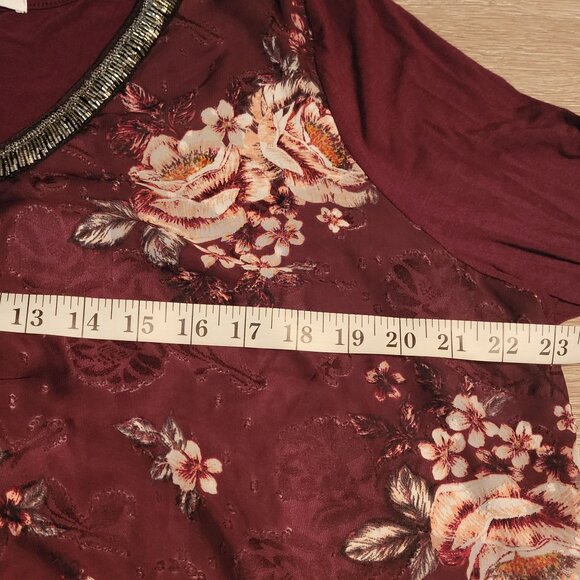 Maurices Top Size 0=14 W Floral Chiffon Overlay Slinky Knit Hi Low Hem Boho - Picture 8 of 11